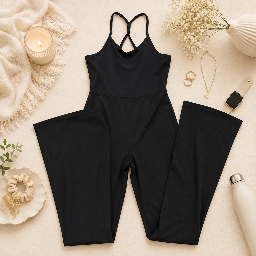 Arizona Jumpsuit Cross Back Sleeveless Athleisure Flare Leg Black Size S